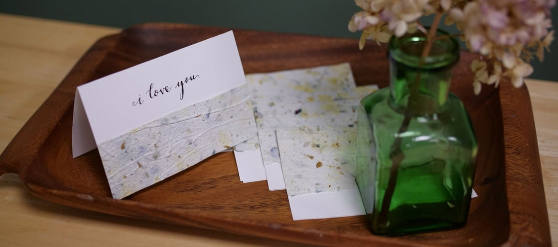 Cards made with handmade hydrangea paper.
